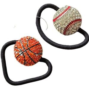 2 New Sports Rhinestone Hair Ties Baseball & Basketball Bling Ponytail Holder